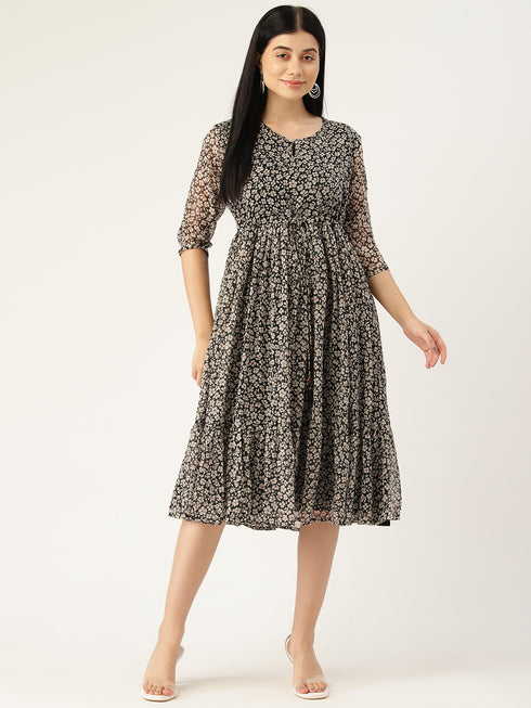 Floral Print Keyhole Neck Georgette A-Line Midi Dress