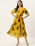 Floral Print Flared Sleeve Chiffon A-Line Midi Dress
