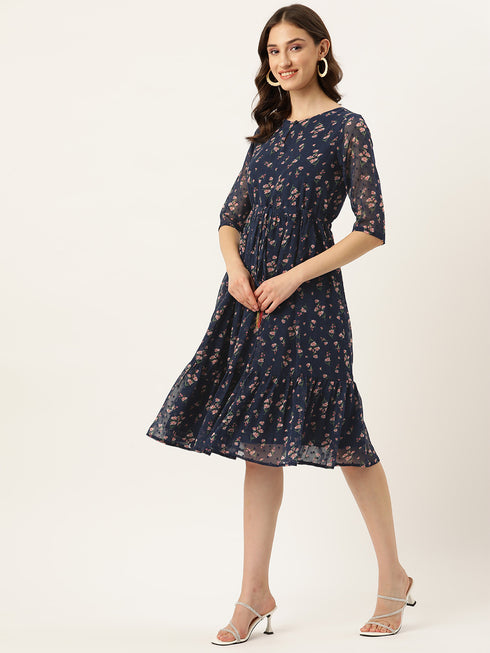 Floral Print Keyhole Neck Tiered Georgette A-Line Dress