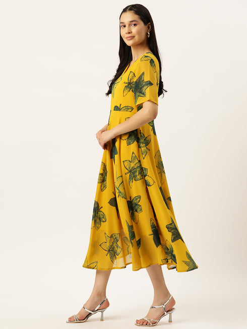 Floral Print Flared Sleeve Chiffon A-Line Midi Dress