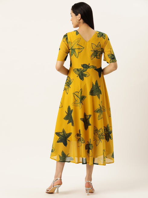 Floral Print Flared Sleeve Chiffon A-Line Midi Dress