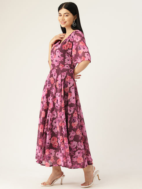Floral Print Georgette A-Line V-Neck Midi Dress