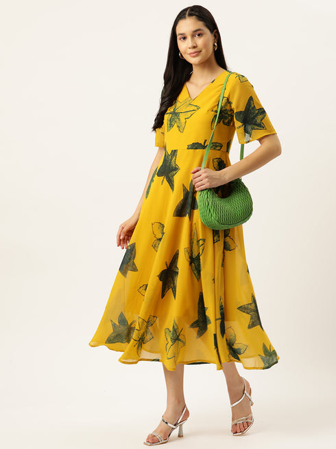 Floral Print Flared Sleeve Chiffon A-Line Midi Dress