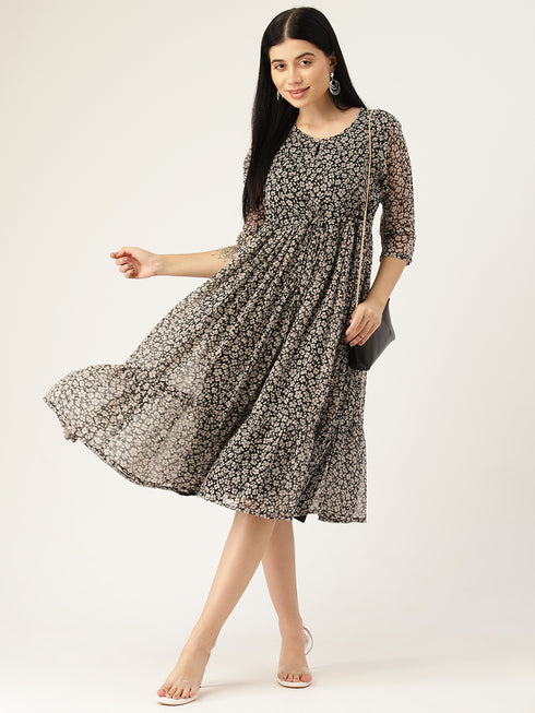 Floral Print Keyhole Neck Georgette A-Line Midi Dress