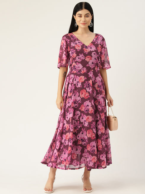 Floral Print Georgette A-Line V-Neck Midi Dress