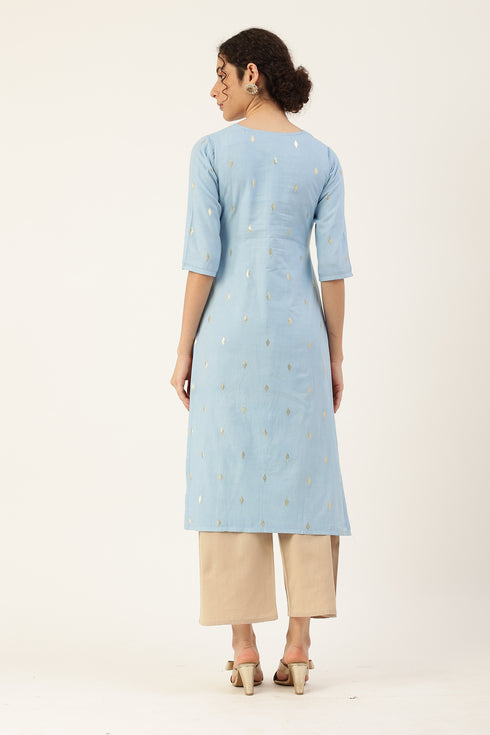 Women Self Design Pure Cotton Straight Kurta (Light Blue)