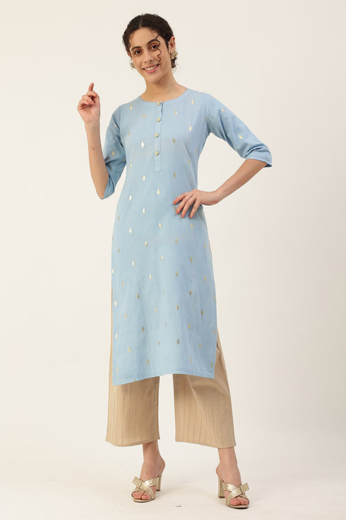 Women Self Design Pure Cotton Straight Kurta (Light Blue)