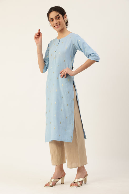 Women Self Design Pure Cotton Straight Kurta (Light Blue)
