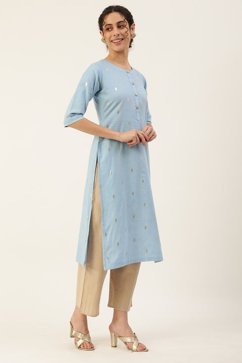 Women Self Design Pure Cotton Straight Kurta (Light Blue)