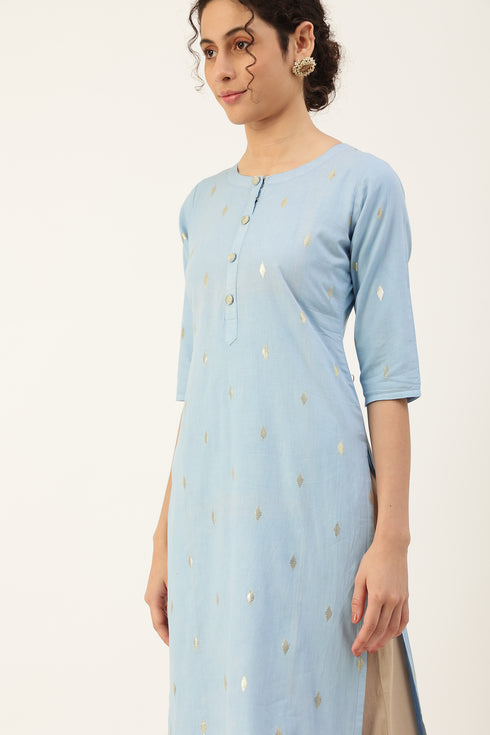 Women Self Design Pure Cotton Straight Kurta (Light Blue)