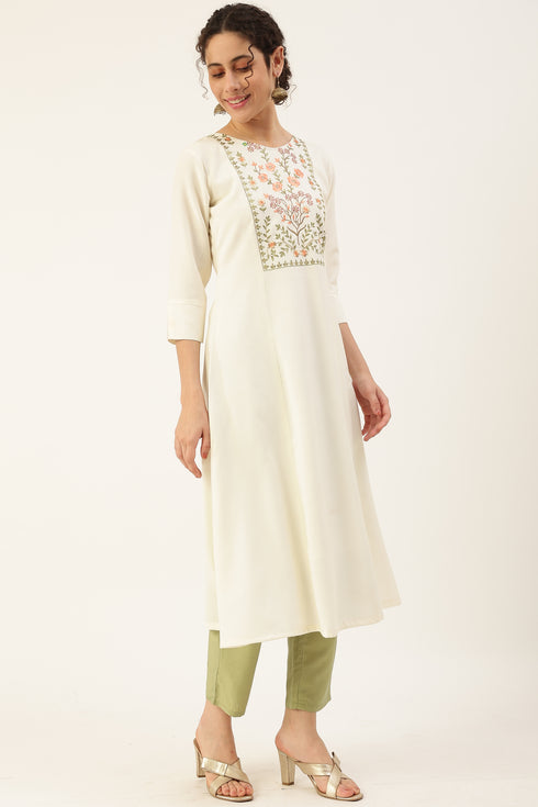 Women Rayon Embroidery Kurta Trousers Set (White)