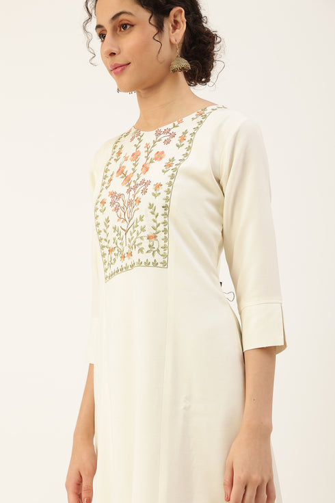 Women Rayon Embroidery Kurta Trousers Set (White)
