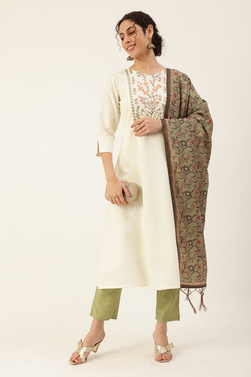 Women Rayon Embroidery Kurta Trousers Set (White)