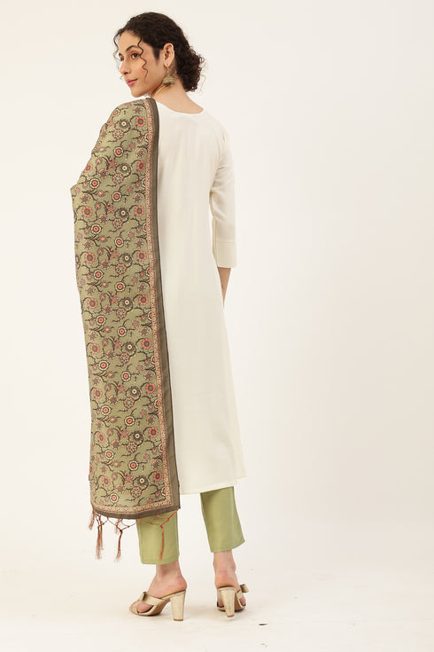 Women Rayon Embroidery Kurta Trousers Set (White)