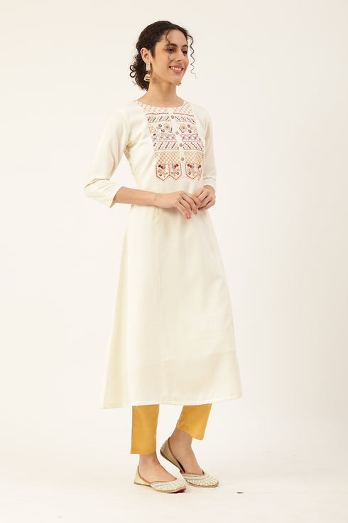 Women Rayon Embroidery Kurta Trousers Set (White)