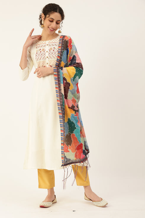 Women Rayon Embroidery Kurta Trousers Set (White)