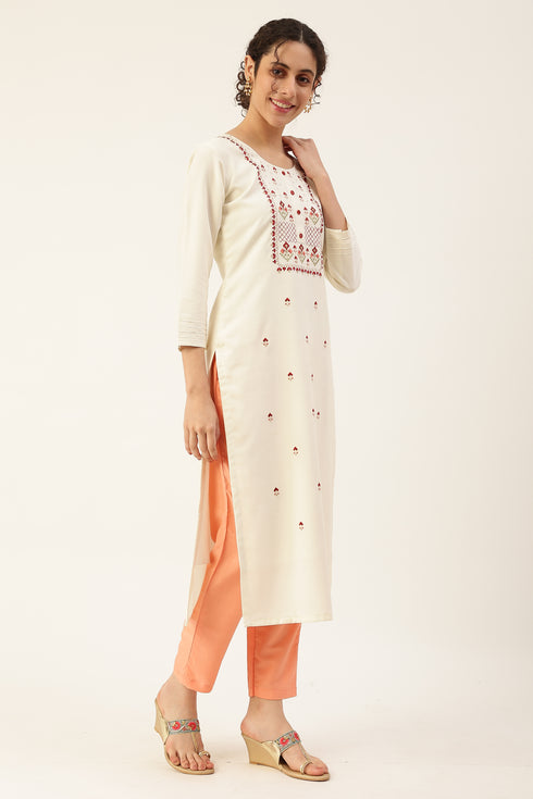 Women Rayon Embroidery Kurta Trousers Set (White)