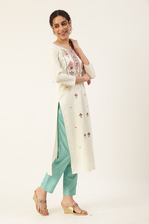 Women Rayon Embroidery Kurta Trousers Set (White)