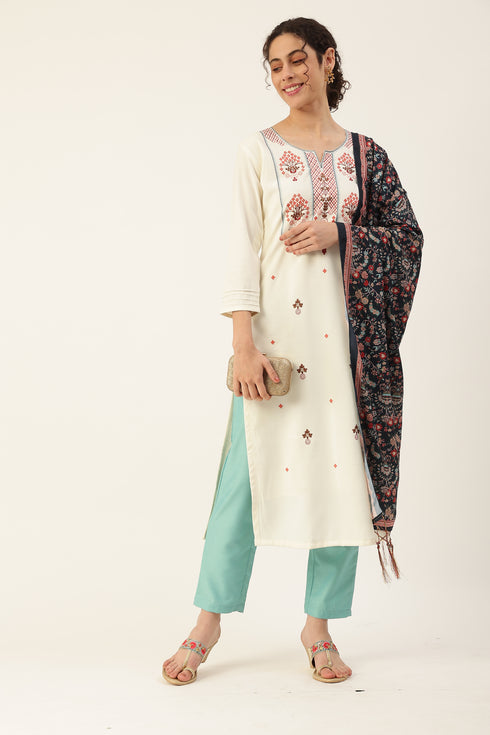 Women Rayon Embroidery Kurta Trousers Set (White)