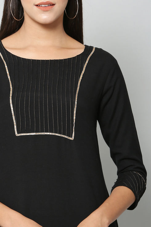 Vaaba Rayon Blend Kurta Set With Dupatta - Black