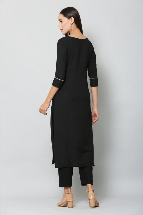 Vaaba Rayon Blend Kurta Set With Dupatta - Black