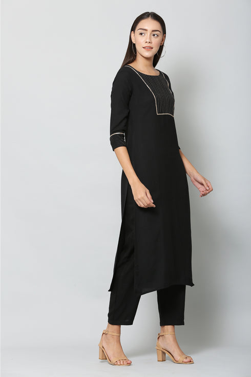 Vaaba Rayon Blend Kurta Set With Dupatta - Black