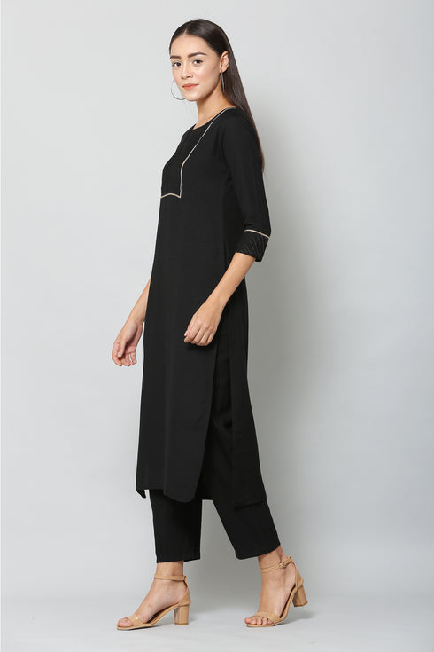 Vaaba Rayon Blend Kurta Set With Dupatta - Black