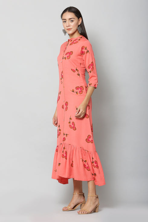 Women Foil Printed Pink Casual Daily Wear Flared Kurta