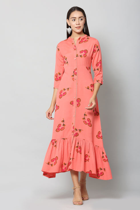 Women Foil Printed Pink Casual Daily Wear Flared Kurta