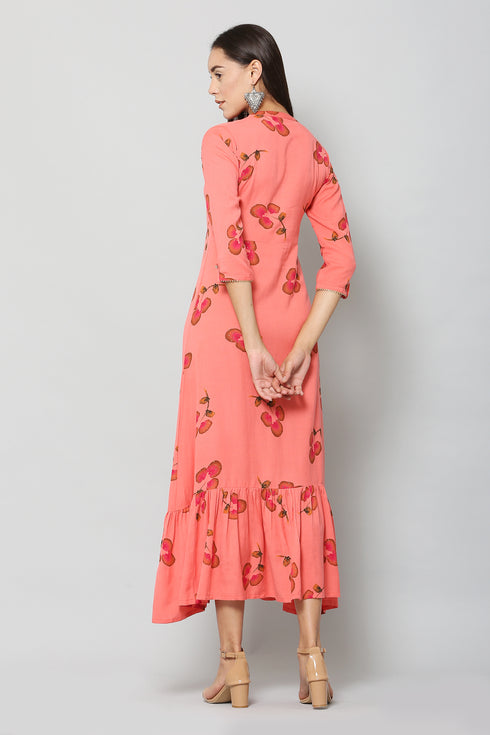 Women Foil Printed Pink Casual Daily Wear Flared Kurta