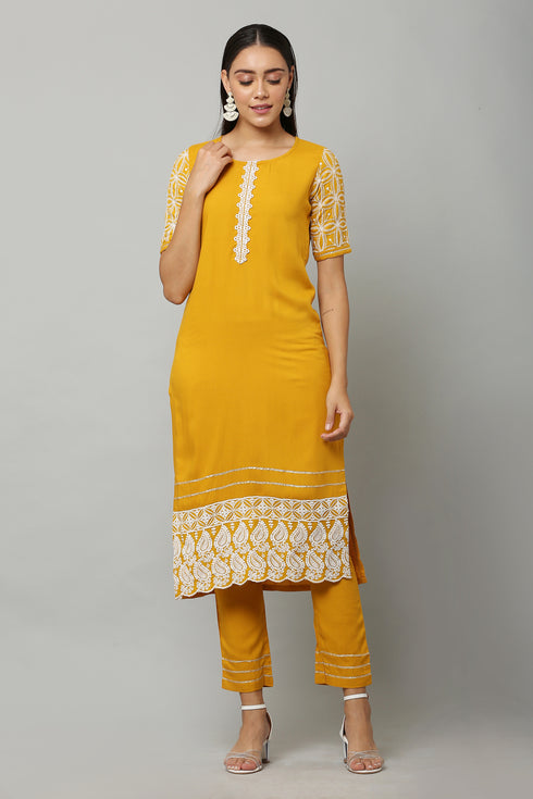 Embroidery Straight Yellow Kurta, Pant with dupatta set