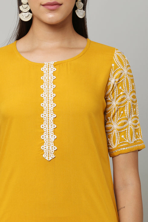 Embroidery Straight Yellow Kurta, Pant with dupatta set