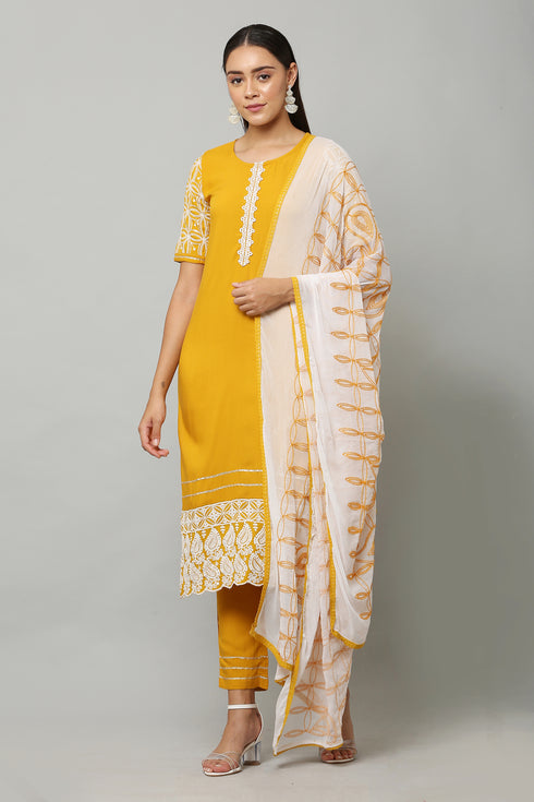 Embroidery Straight Yellow Kurta, Pant with dupatta set