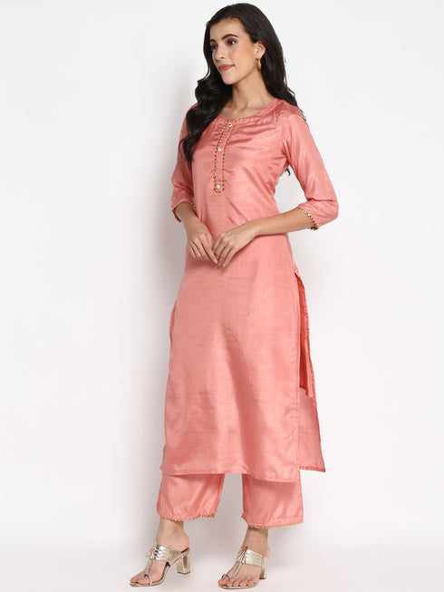 Women Peach Gotta Patti Kurta with Palazzos & With Dupatta
