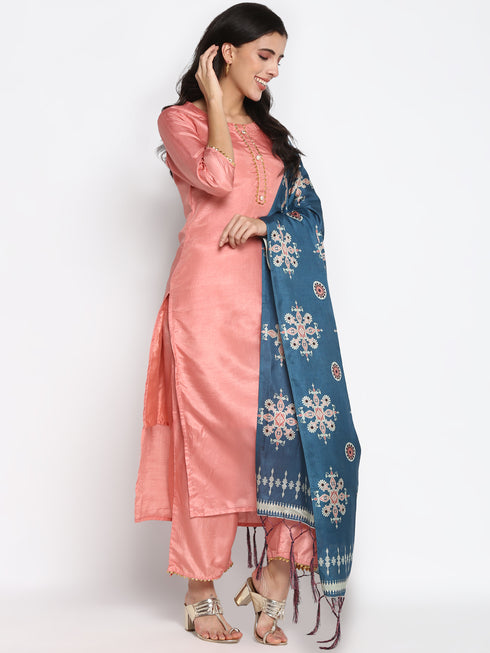 Women Peach Gotta Patti Kurta with Palazzos & With Dupatta