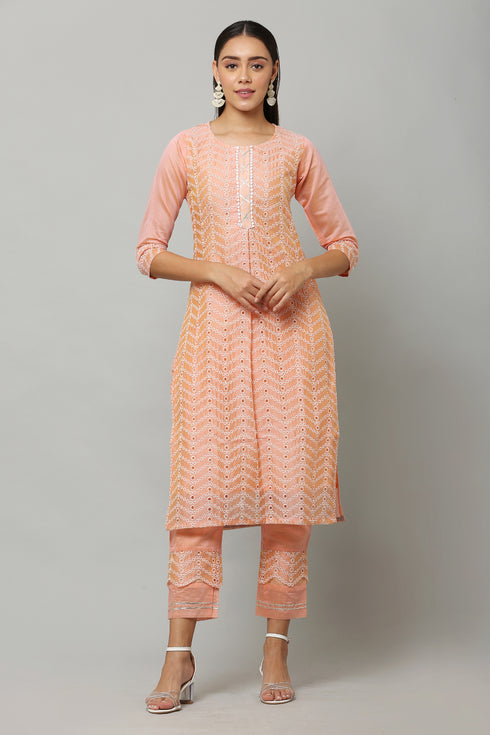 Embroidery Straight Peach Kurta Pant & dupatta Set