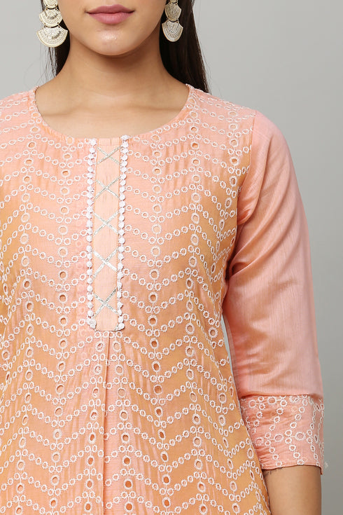 Embroidery Straight Peach Kurta Pant & dupatta Set