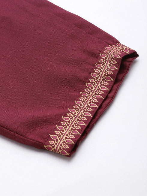 Wine Panelled Straight Cotton Kurta Suit Set