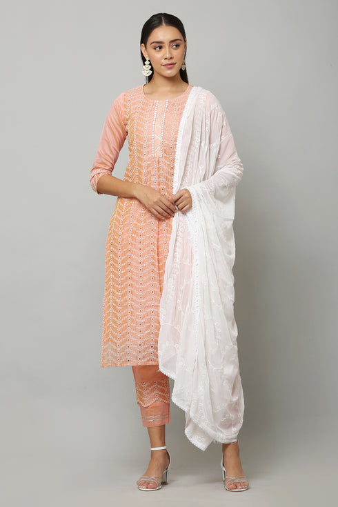 Embroidery Straight Peach Kurta Pant & dupatta Set
