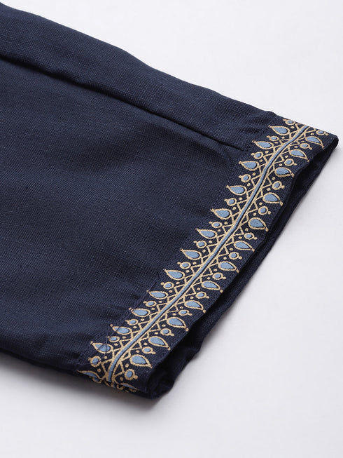 Navy Blue Panelled Straight Cotton Kurta Suit Set