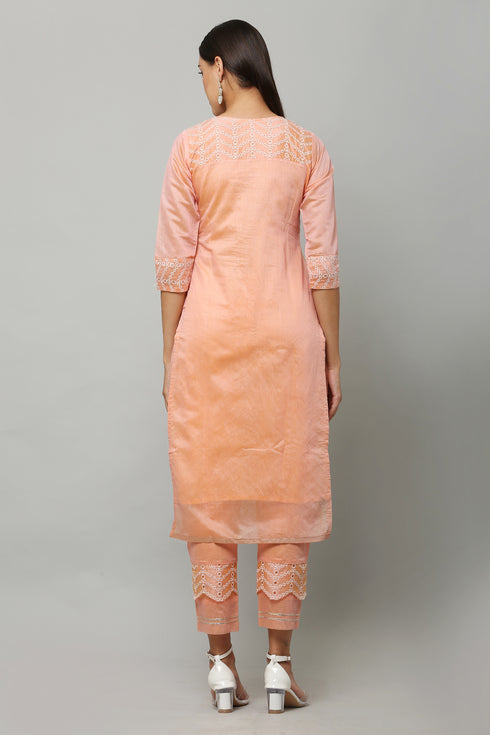 Embroidery Straight Peach Kurta Pant & dupatta Set