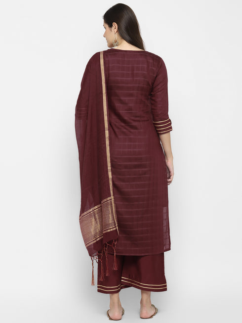 Women Maroon Straight Chanderi Silk Kurta with Palazzos & Dupatta