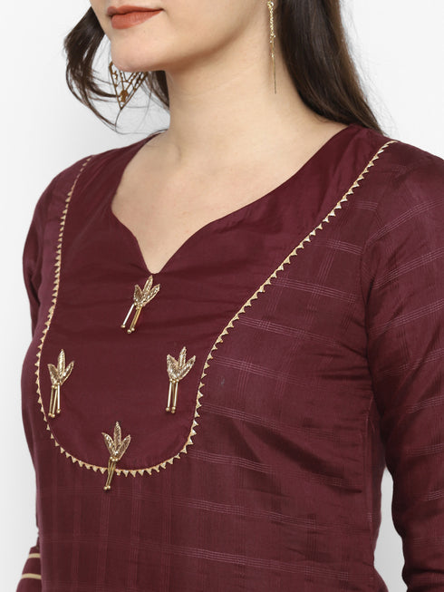 Women Maroon Straight Chanderi Silk Kurta with Palazzos & Dupatta