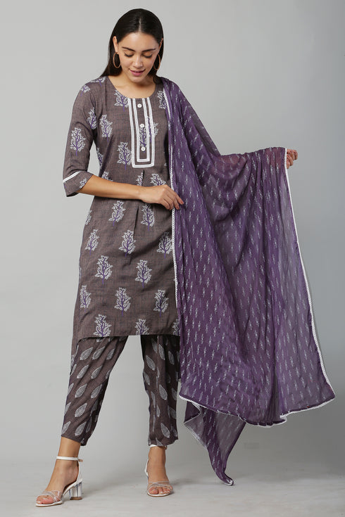 Purple Rayon Printed Straight Kurta Doti Suit Set
