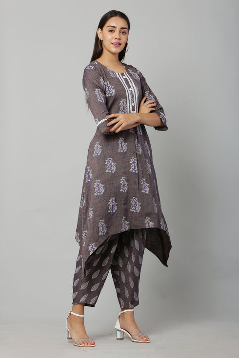Purple Rayon Printed Straight Kurta Doti Suit Set