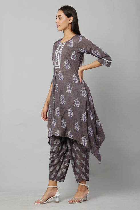 Purple Rayon Printed Straight Kurta Doti Suit Set