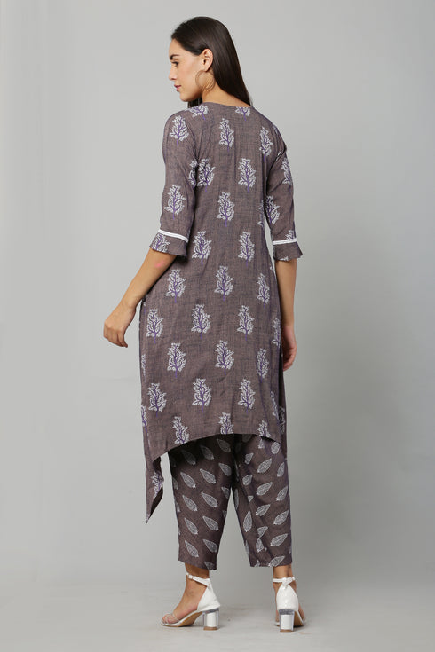 Purple Rayon Printed Straight Kurta Doti Suit Set