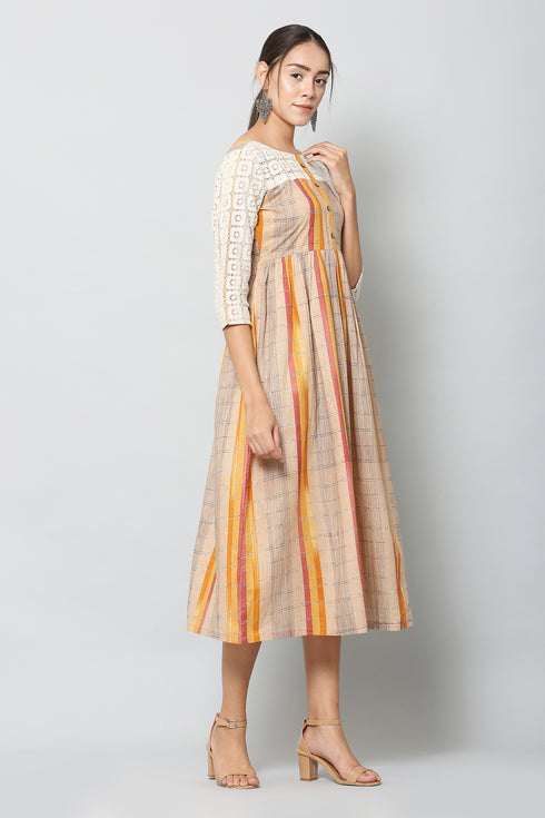 Women Cotton Printed Brown Flared Kurta