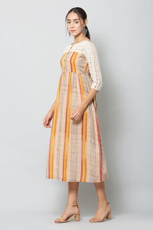 Women Cotton Printed Brown Flared Kurta