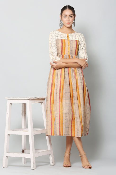 Women Cotton Printed Brown Flared Kurta